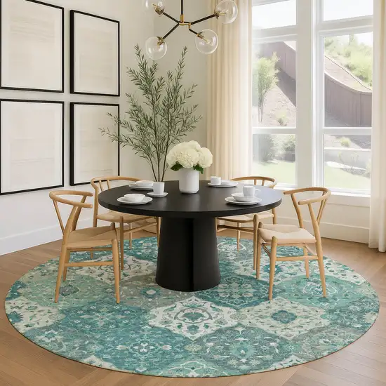 8' Teal Blue And Ivory Round Floral Medallion Washable Indoor Outdoor Area Rug Photo 9