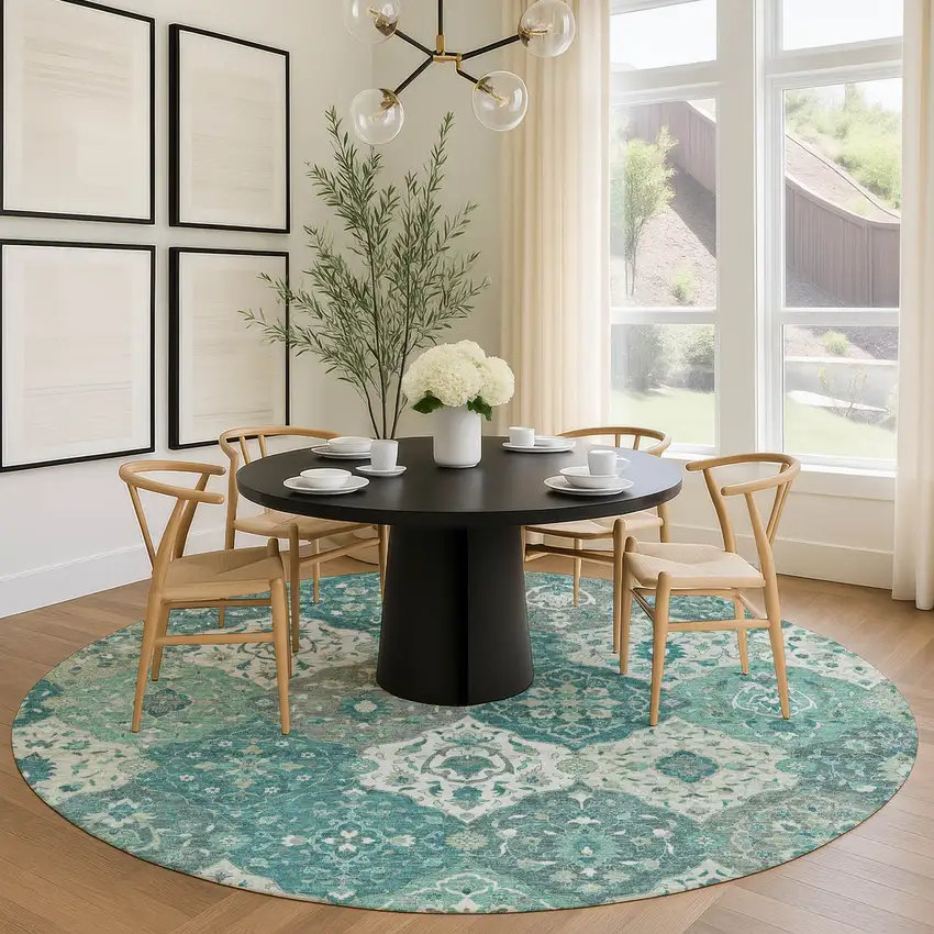 8' Teal Blue And Ivory Round Floral Medallion Washable Indoor Outdoor Area Rug Photo 9