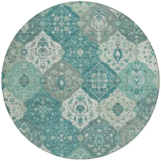 8' Teal Blue And Ivory Round Floral Medallion Washable Indoor Outdoor Area Rug Photo 4