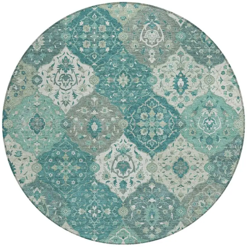 8' Teal Blue And Ivory Round Floral Medallion Washable Indoor Outdoor Area Rug Photo 4