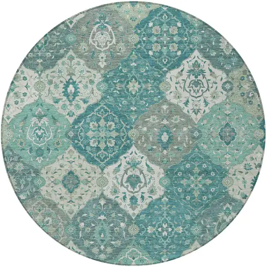 8' Teal Blue And Ivory Round Floral Medallion Washable Indoor Outdoor Area Rug Photo 5