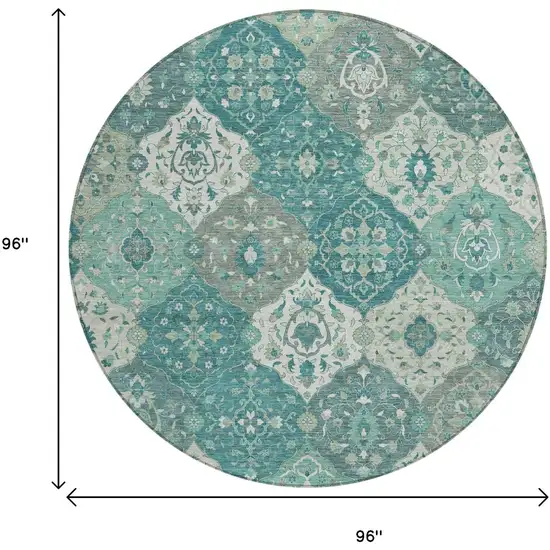 8' Teal Blue And Ivory Round Floral Medallion Washable Indoor Outdoor Area Rug Photo 3