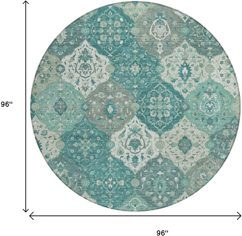 8' Teal Blue And Ivory Round Floral Medallion Washable Indoor Outdoor Area Rug Photo 3