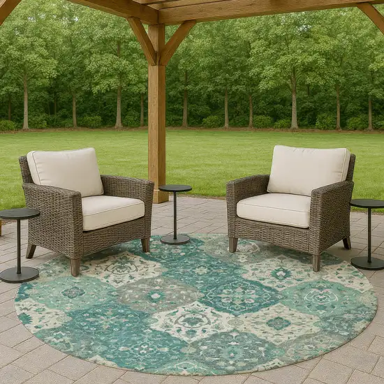 8' Teal Blue And Ivory Round Floral Medallion Washable Indoor Outdoor Area Rug Photo 9