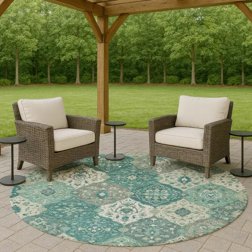 8' Teal Blue And Ivory Round Floral Medallion Washable Indoor Outdoor Area Rug Photo 9