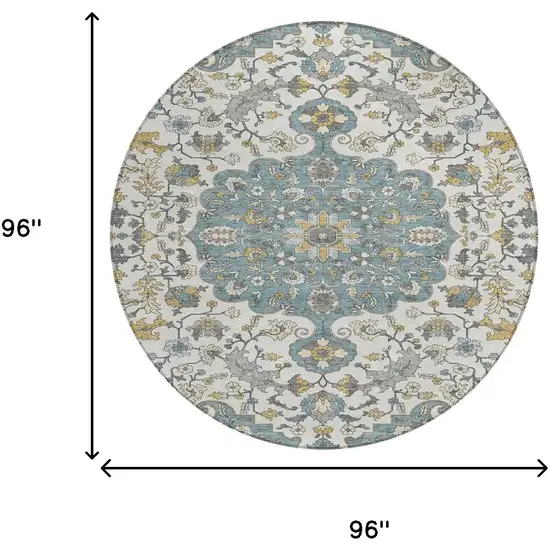 8' Teal Blue And Ivory Round Floral Medallion Washable Indoor Outdoor Area Rug Photo 8