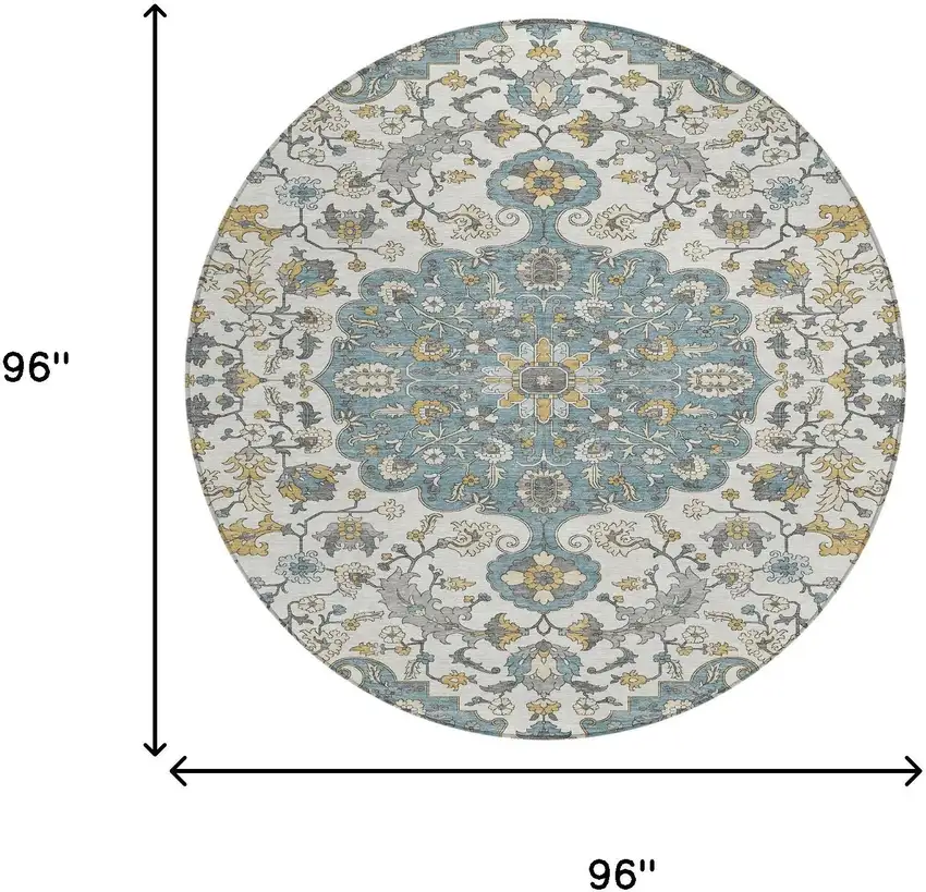 8' Teal Blue And Ivory Round Floral Medallion Washable Indoor Outdoor Area Rug Photo 8