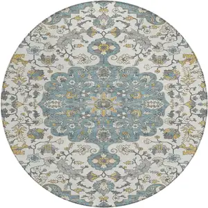 Photo of 8' Teal Blue And Ivory Round Floral Medallion Washable Indoor Outdoor Area Rug