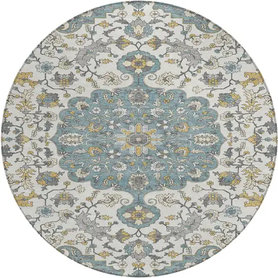 8' Teal Blue And Ivory Round Floral Medallion Washable Indoor Outdoor Area Rug Photo 1