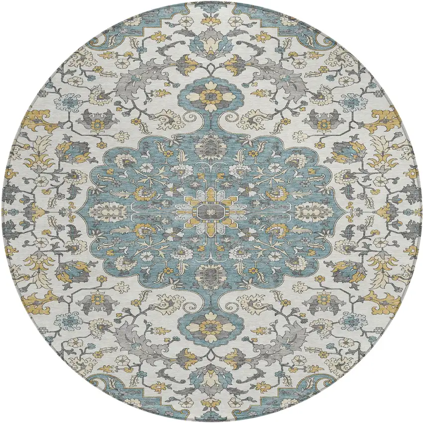 8' Teal Blue And Ivory Round Floral Medallion Washable Indoor Outdoor Area Rug Photo 1