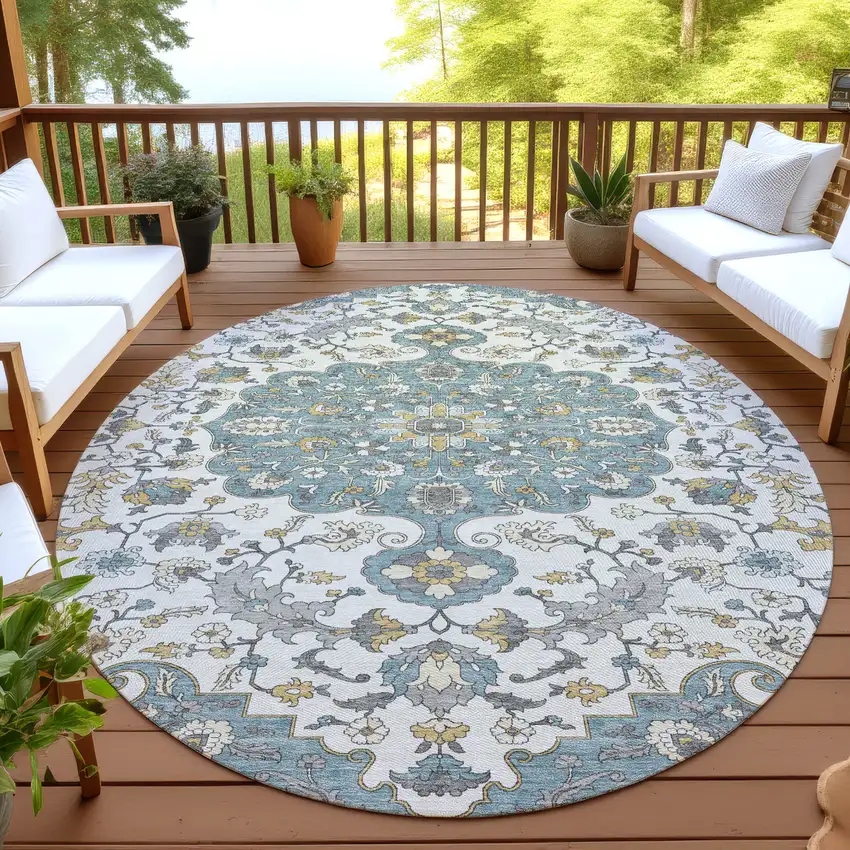 8' Teal Blue And Ivory Round Floral Medallion Washable Indoor Outdoor Area Rug Photo 5