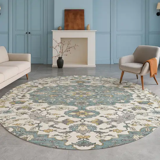 8' Teal Blue And Ivory Round Floral Medallion Washable Indoor Outdoor Area Rug Photo 6
