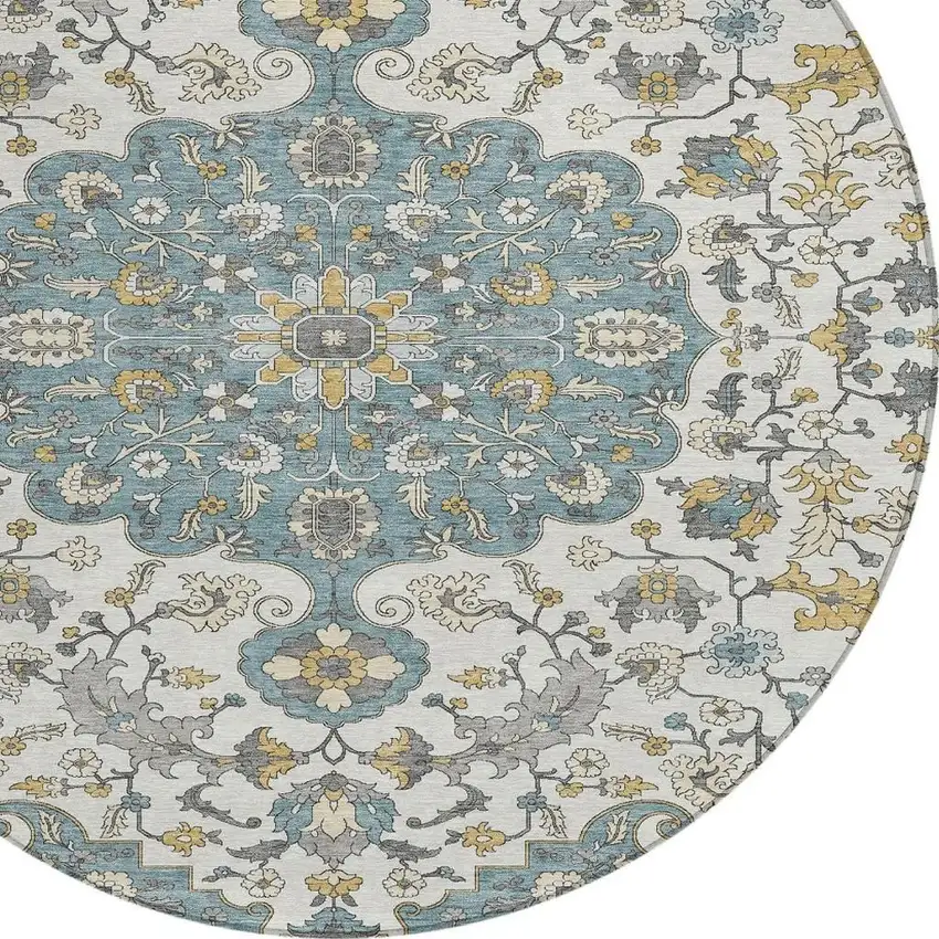 8' Teal Blue And Ivory Round Floral Medallion Washable Indoor Outdoor Area Rug Photo 4