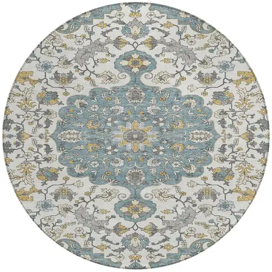 8' Teal Blue And Ivory Round Floral Medallion Washable Indoor Outdoor Area Rug Photo 2