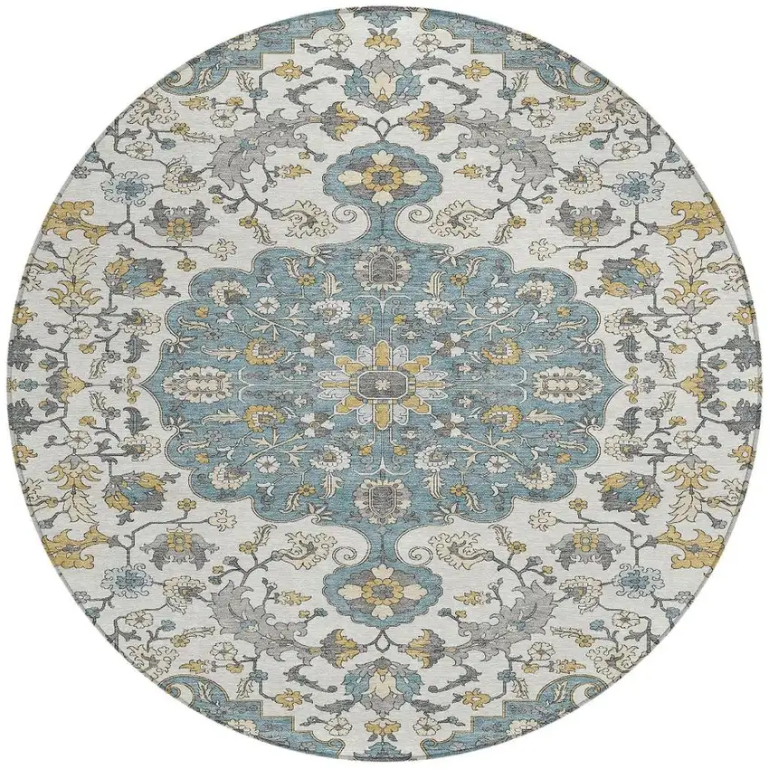 8' Teal Blue And Ivory Round Floral Medallion Washable Indoor Outdoor Area Rug Photo 2