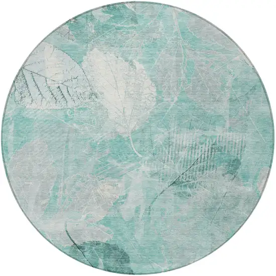 8' Teal Blue And Ivory Round Floral Washable Indoor Outdoor Area Rug Photo 4