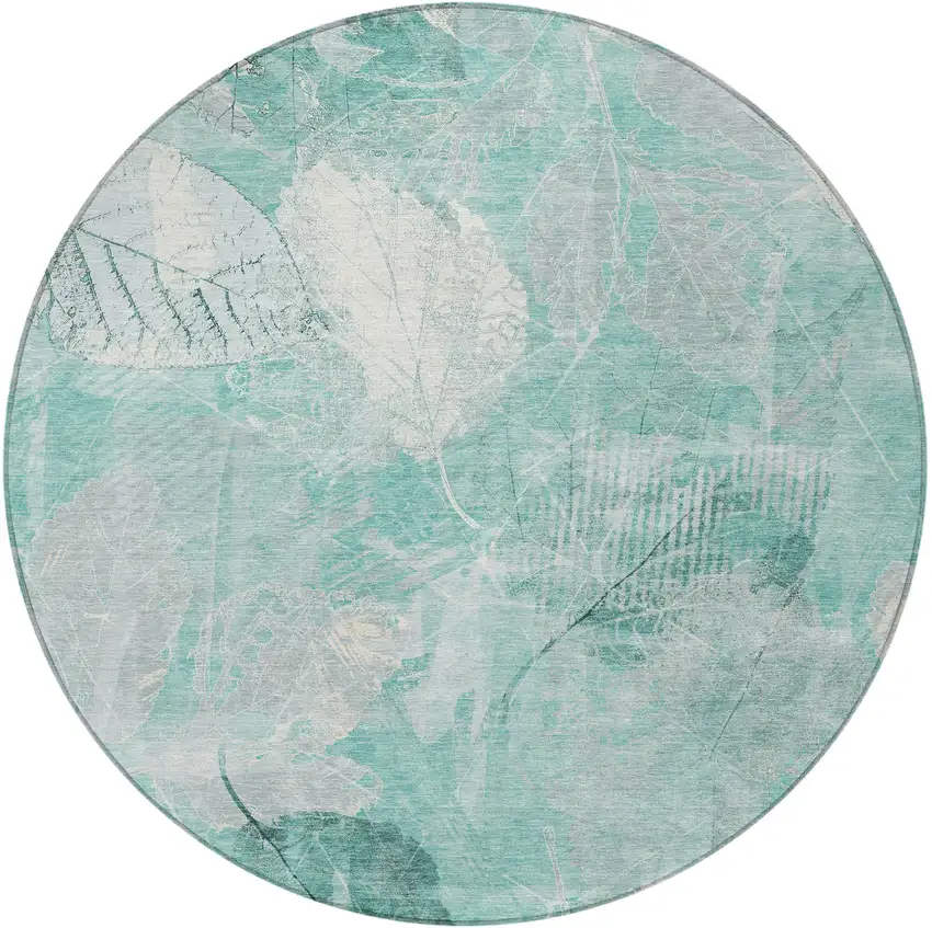 8' Teal Blue And Ivory Round Floral Washable Indoor Outdoor Area Rug Photo 4