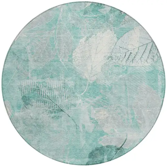8' Teal Blue And Ivory Round Floral Washable Indoor Outdoor Area Rug Photo 3