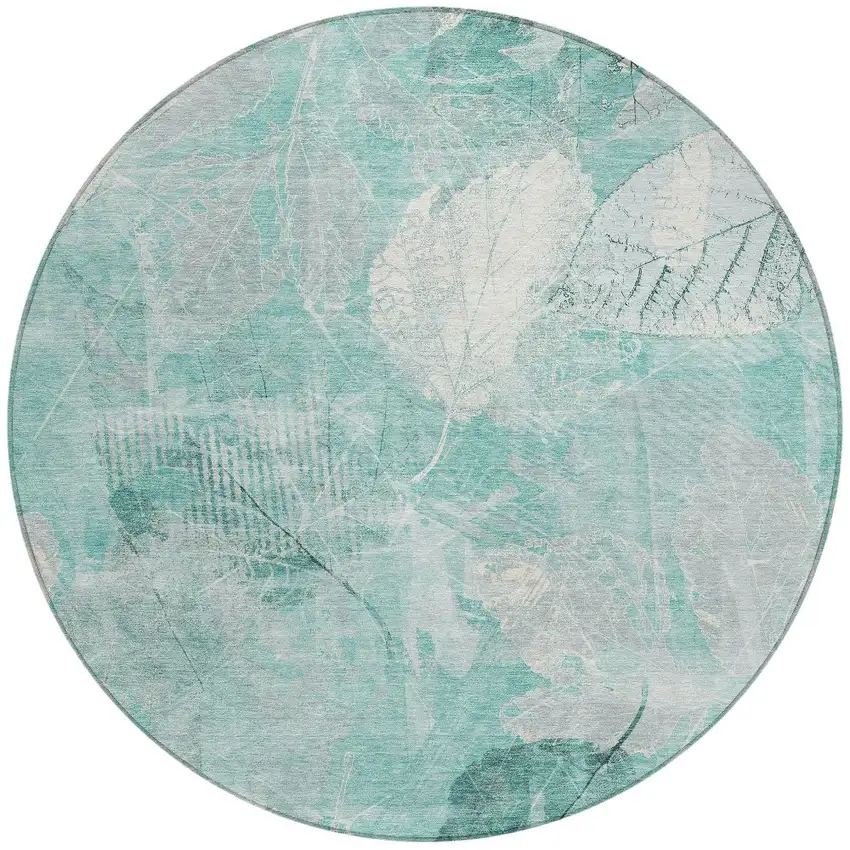 8' Teal Blue And Ivory Round Floral Washable Indoor Outdoor Area Rug Photo 3