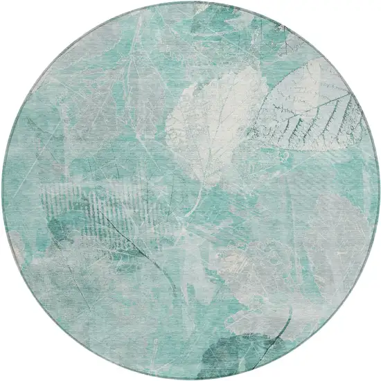 8' Teal Blue And Ivory Round Floral Washable Indoor Outdoor Area Rug Photo 1