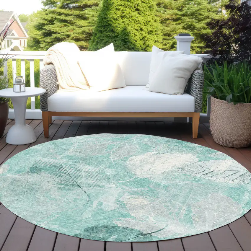 8' Teal Blue And Ivory Round Floral Washable Indoor Outdoor Area Rug Photo 5