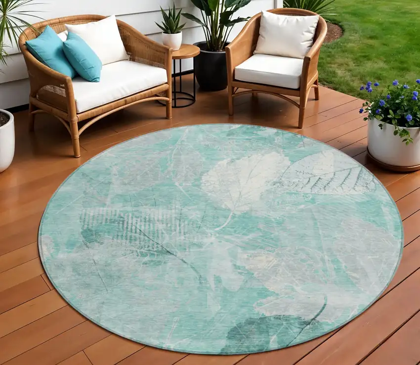 8' Teal Blue And Ivory Round Floral Washable Indoor Outdoor Area Rug Photo 2