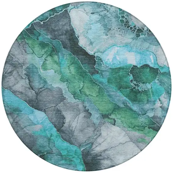 8' Teal Blue And Ivory Round Floral Washable Indoor Outdoor Area Rug Photo 4