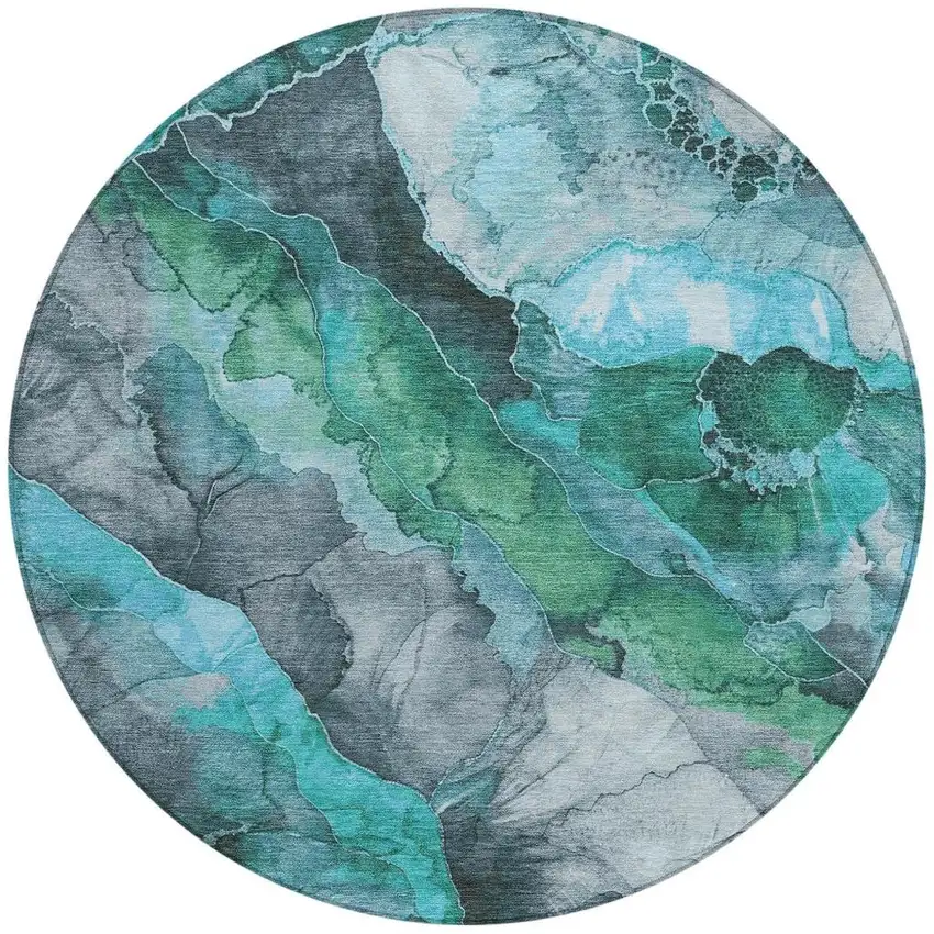 8' Teal Blue And Ivory Round Floral Washable Indoor Outdoor Area Rug Photo 4