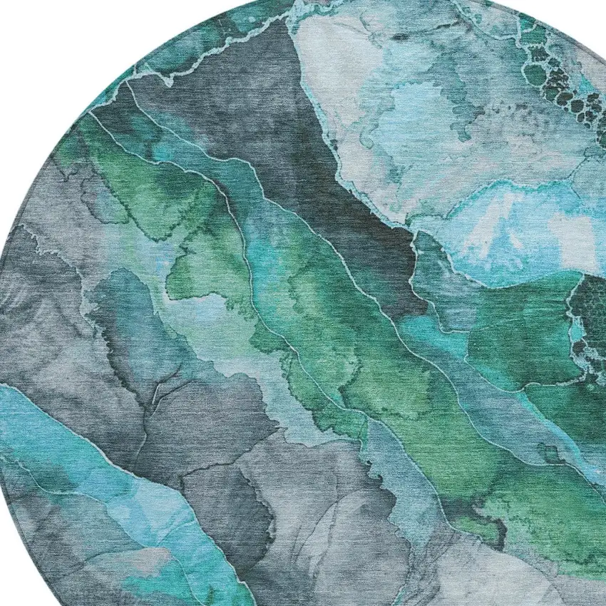 8' Teal Blue And Ivory Round Floral Washable Indoor Outdoor Area Rug Photo 9