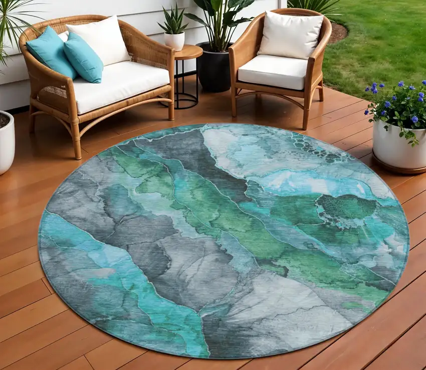 8' Teal Blue And Ivory Round Floral Washable Indoor Outdoor Area Rug Photo 2