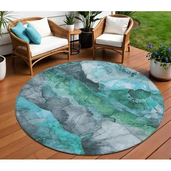 8' Teal Blue And Ivory Round Floral Washable Indoor Outdoor Area Rug Photo 2