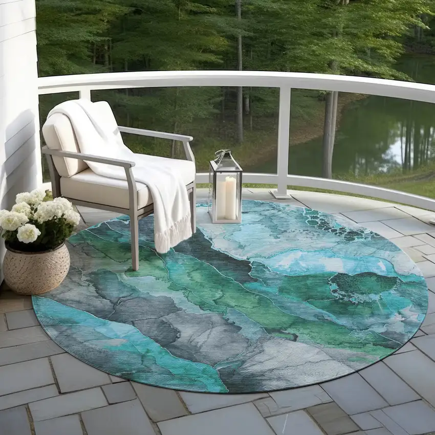 8' Teal Blue And Ivory Round Floral Washable Indoor Outdoor Area Rug Photo 5