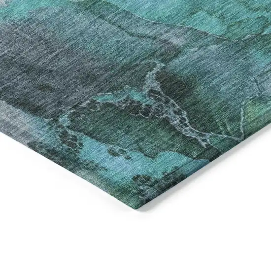 8' Teal Blue And Ivory Round Floral Washable Indoor Outdoor Area Rug Photo 7