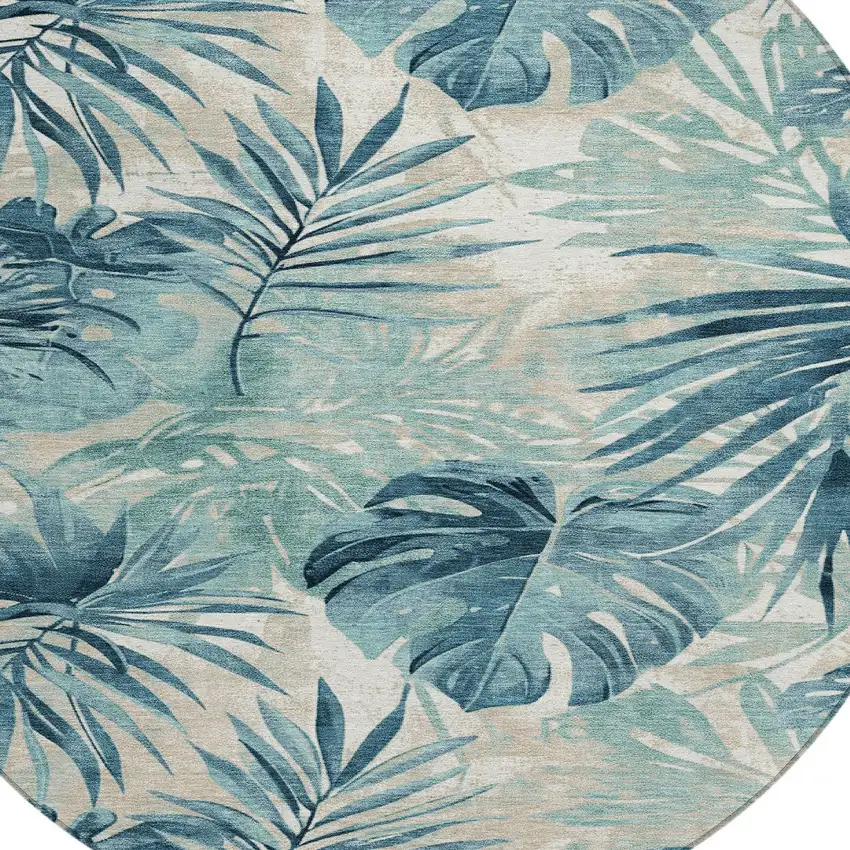 8' Teal Blue And Ivory Round Floral Washable Indoor Outdoor Area Rug Photo 9