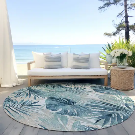 8' Teal Blue And Ivory Round Floral Washable Indoor Outdoor Area Rug Photo 5