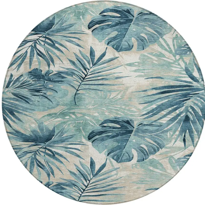 8' Teal Blue And Ivory Round Floral Washable Indoor Outdoor Area Rug Photo 3