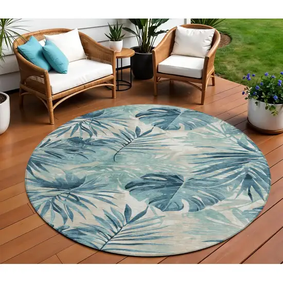 8' Teal Blue And Ivory Round Floral Washable Indoor Outdoor Area Rug Photo 2