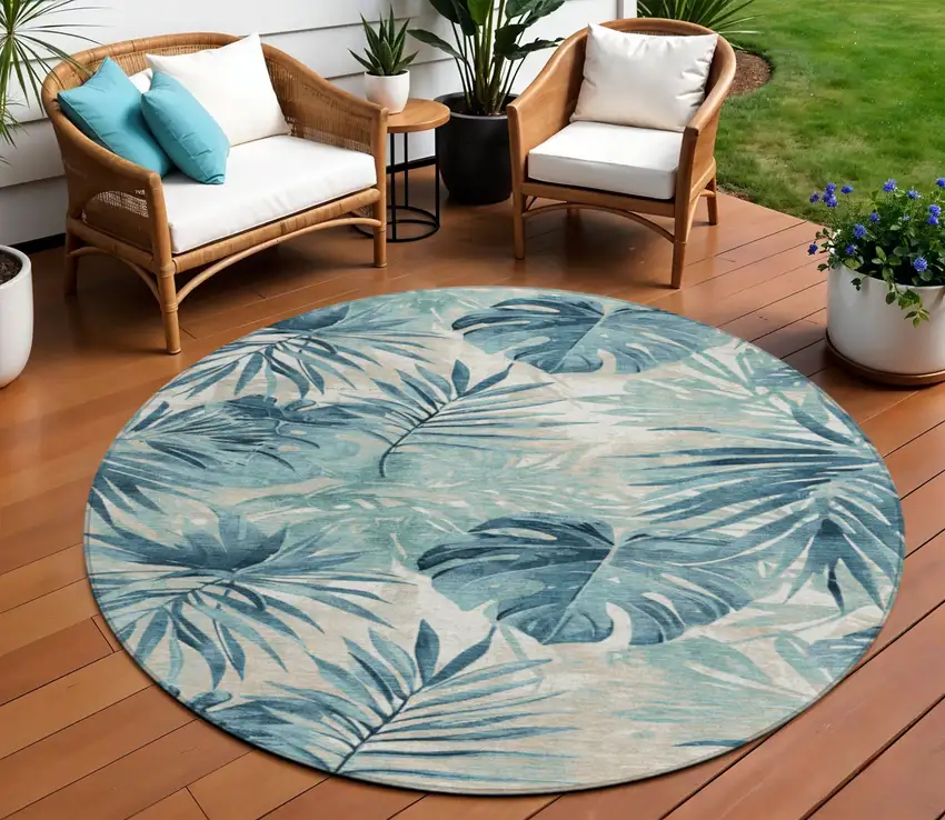 8' Teal Blue And Ivory Round Floral Washable Indoor Outdoor Area Rug Photo 2