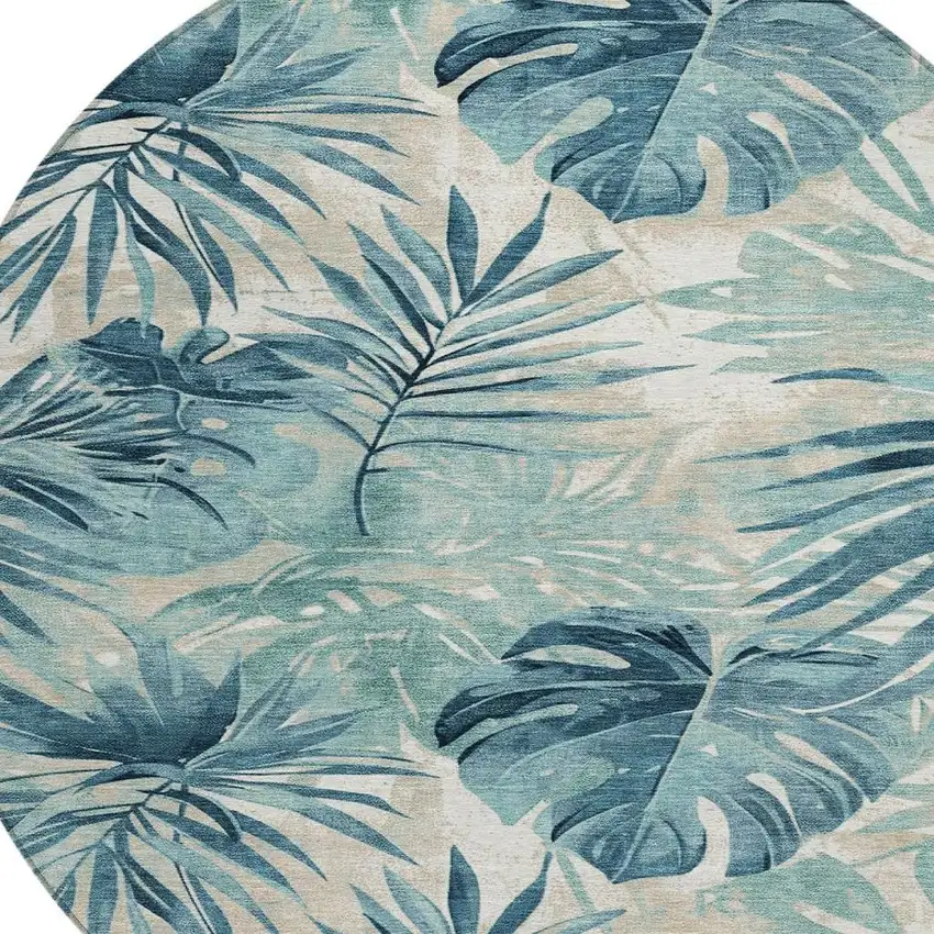 8' Teal Blue And Ivory Round Floral Washable Indoor Outdoor Area Rug Photo 4