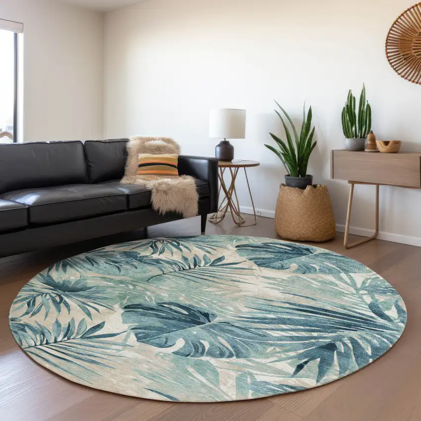 8' Teal Blue And Ivory Round Floral Washable Indoor Outdoor Area Rug Photo 6