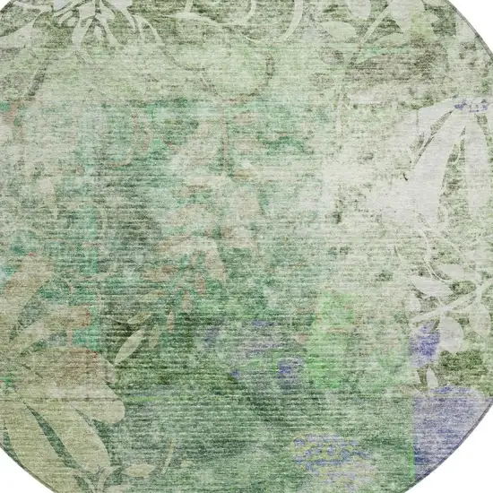 8' Teal Blue And Ivory Round Floral Washable Indoor Outdoor Area Rug Photo 6