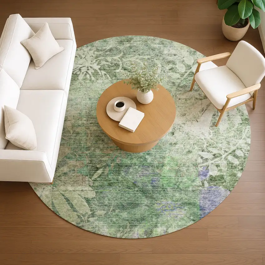 8' Teal Blue And Ivory Round Floral Washable Indoor Outdoor Area Rug Photo 8