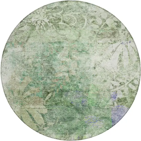 8' Teal Blue And Ivory Round Floral Washable Indoor Outdoor Area Rug Photo 2