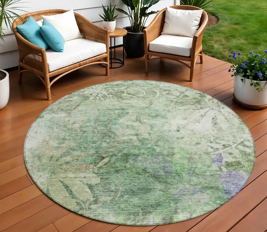 8' Teal Blue And Ivory Round Floral Washable Indoor Outdoor Area Rug Photo 1