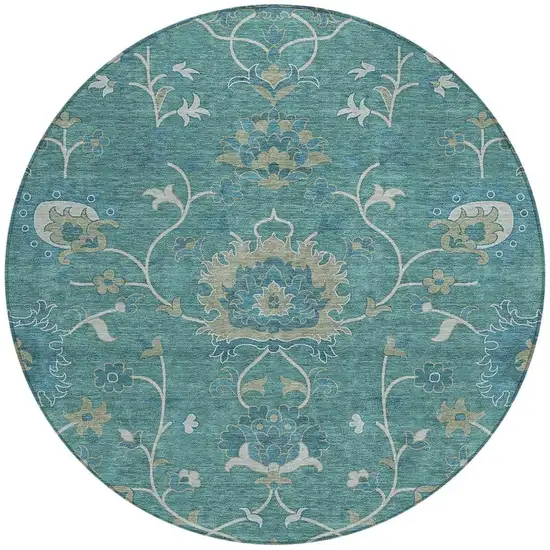 8' Teal Blue And Ivory Round Floral Washable Indoor Outdoor Area Rug Photo 4