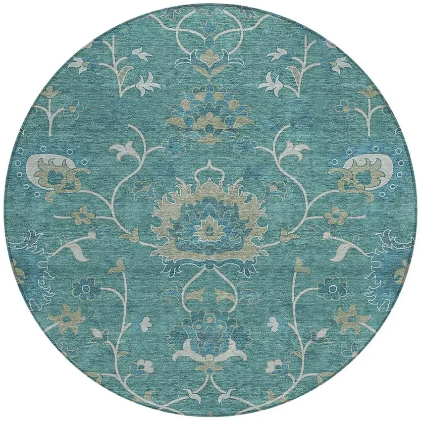8' Teal Blue And Ivory Round Floral Washable Indoor Outdoor Area Rug Photo 4