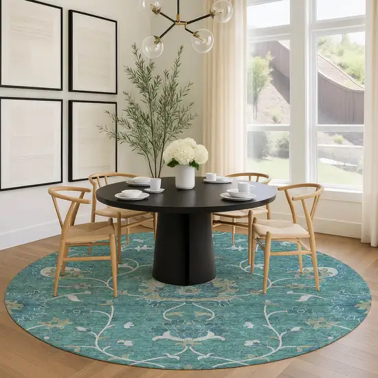8' Teal Blue And Ivory Round Floral Washable Indoor Outdoor Area Rug Photo 9