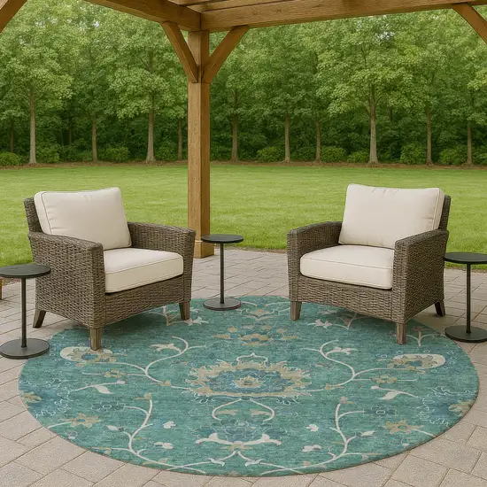8' Teal Blue And Ivory Round Floral Washable Indoor Outdoor Area Rug Photo 8