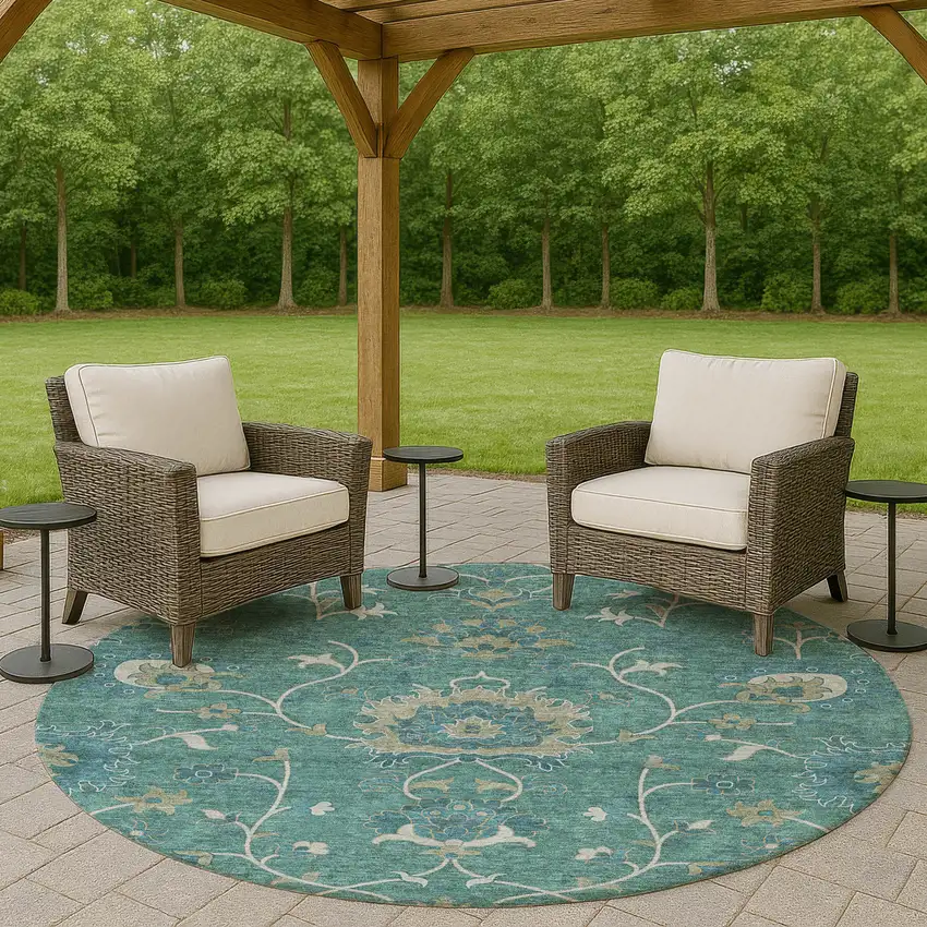 8' Teal Blue And Ivory Round Floral Washable Indoor Outdoor Area Rug Photo 8