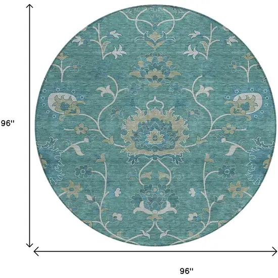 8' Teal Blue And Ivory Round Floral Washable Indoor Outdoor Area Rug Photo 3